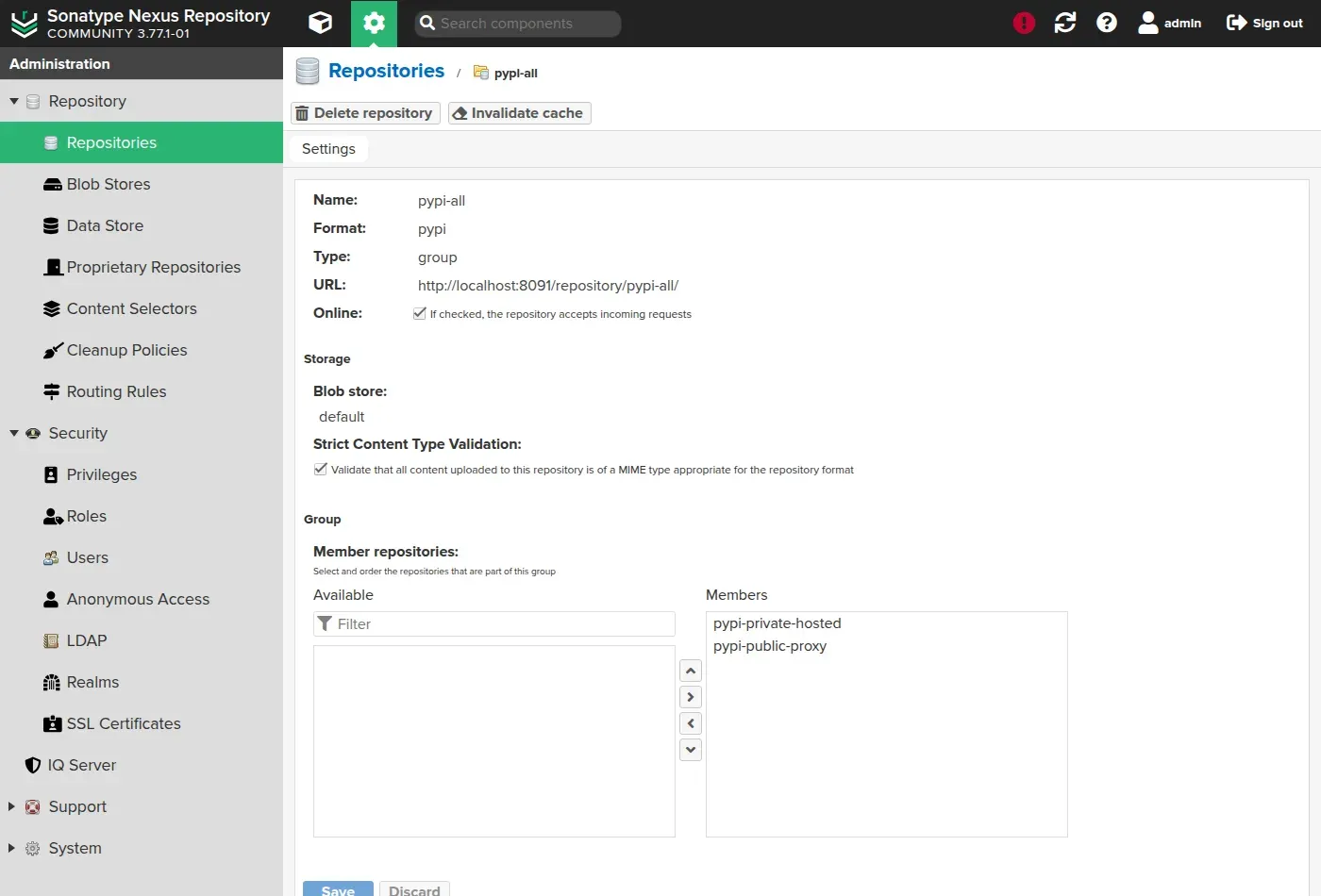 Configuration d'un dépôt group PyPI dans Nexus : les membres hosted et proxy ordonnés
