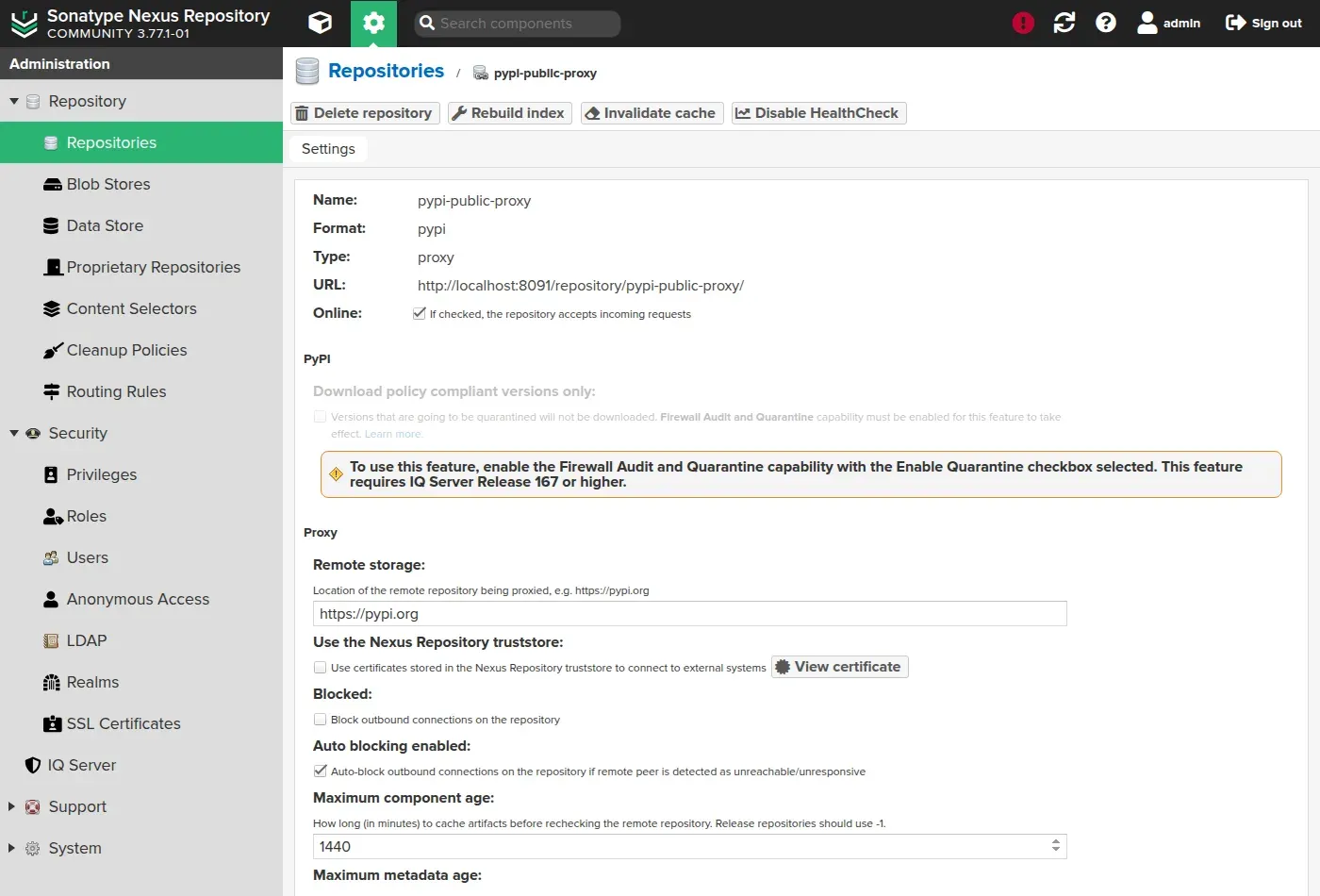 Configuration d'un dépôt proxy PyPI dans Nexus : URL distante pypi.org et âge maximal des composants