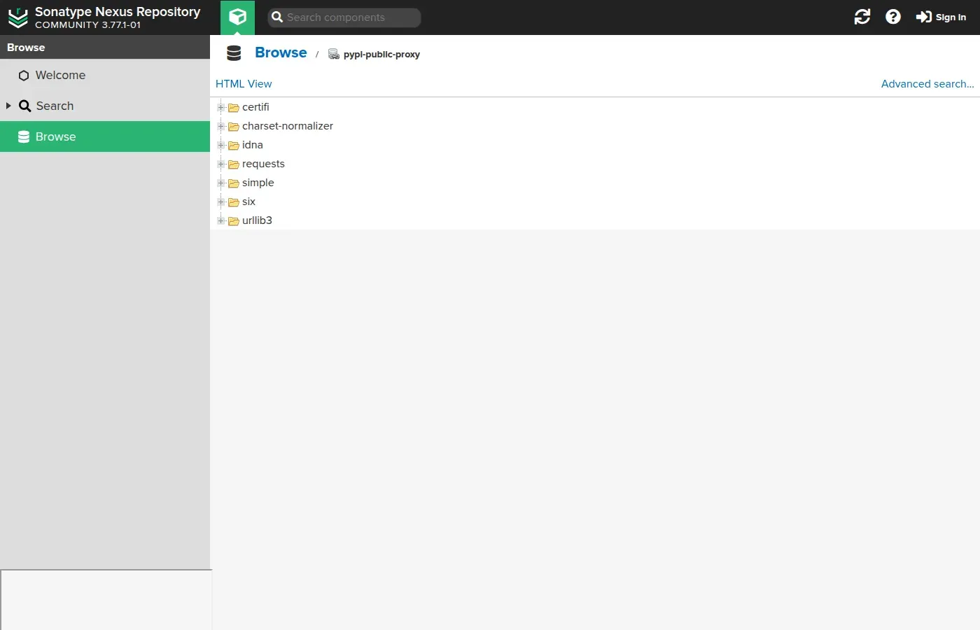 Vue Browse du dépôt pypi-public-proxy dans Nexus : les paquets mis en cache dont six