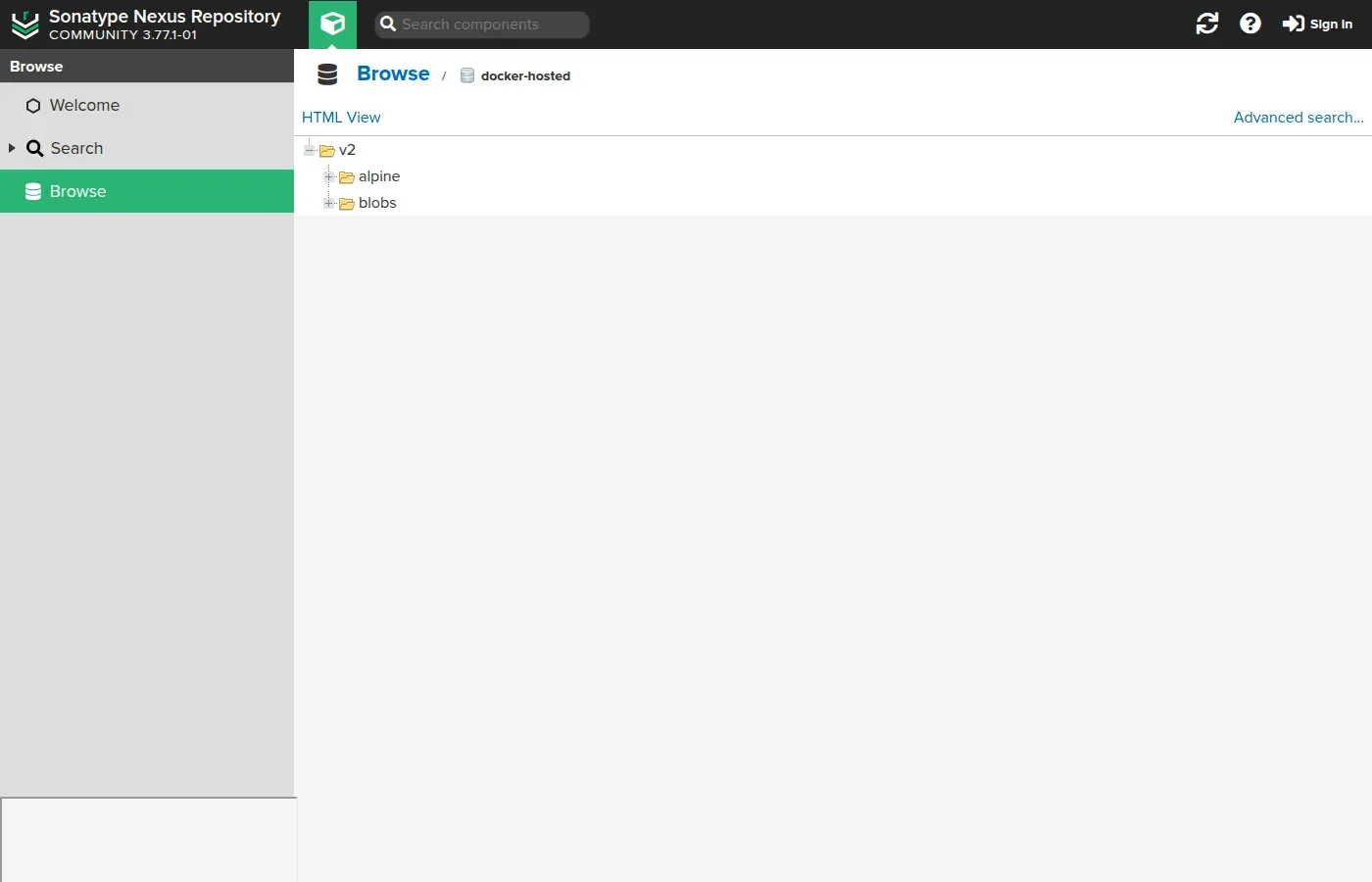 Vue Browse du dépôt docker-hosted dans Nexus : l'image alpine poussée apparaît sous v2