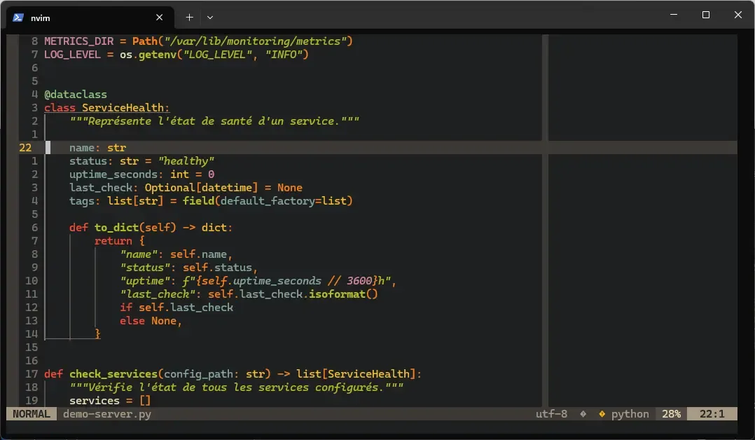 Neovim avec le thème Gruvbox sur un fichier Python — coloration riche avec tons chauds