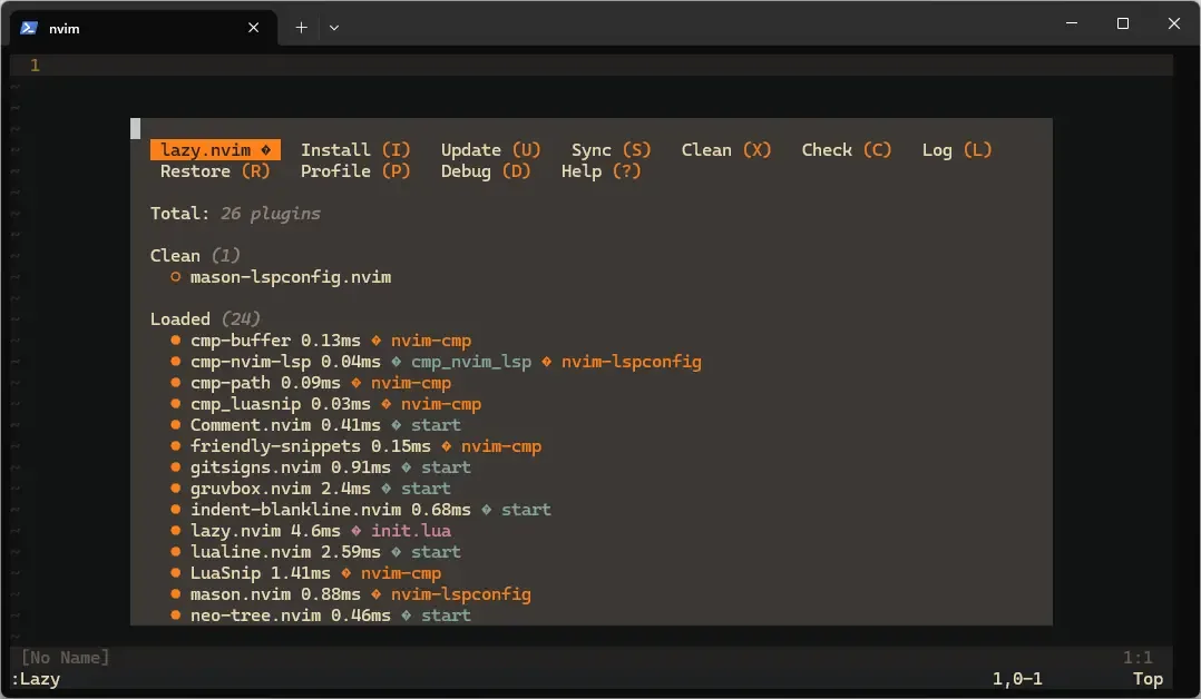 Interface de lazy.nvim montrant la liste des plugins installés et leur statut