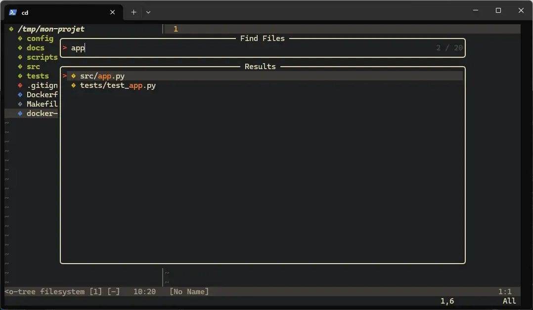 Telescope affichant la recherche fuzzy de fichiers dans un projet