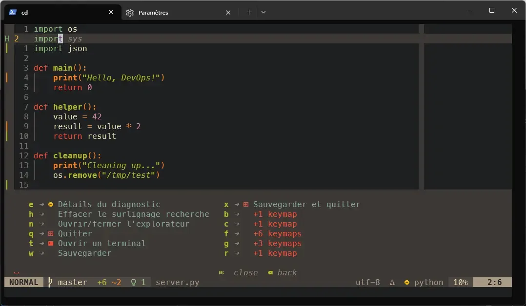 Which-key affichant les raccourcis Leader disponibles dans Neovim