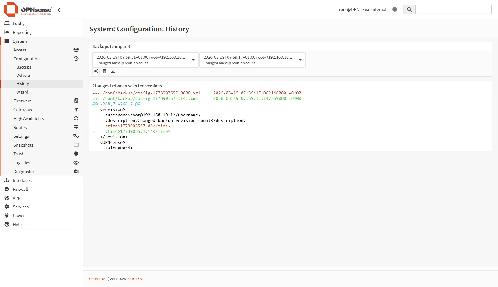 Capture d'écran de l'historique des configurations