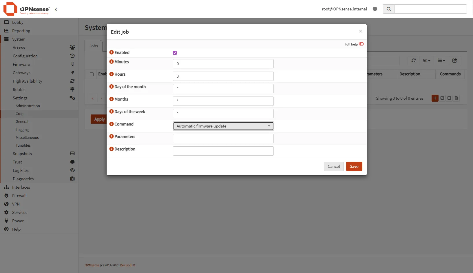 Capture d'écran du formulaire de création de tâche cron