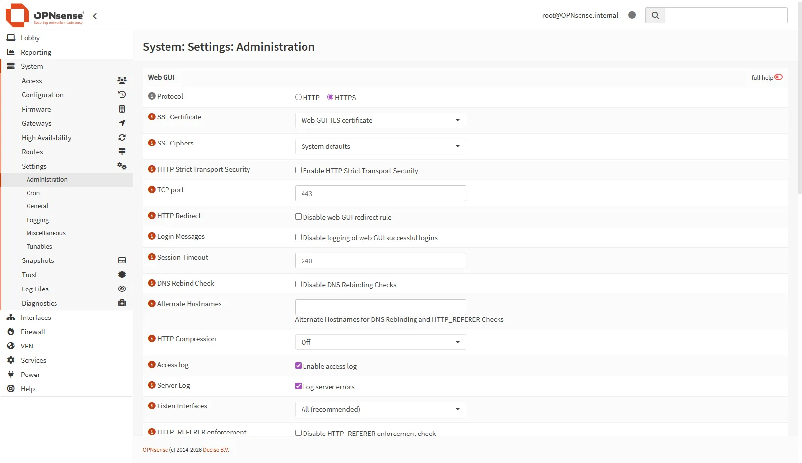 Capture d'écran des paramètres d'administration