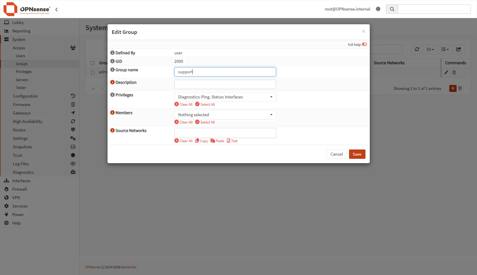 Capture d'écran de la création d'un groupe avec privilèges limités