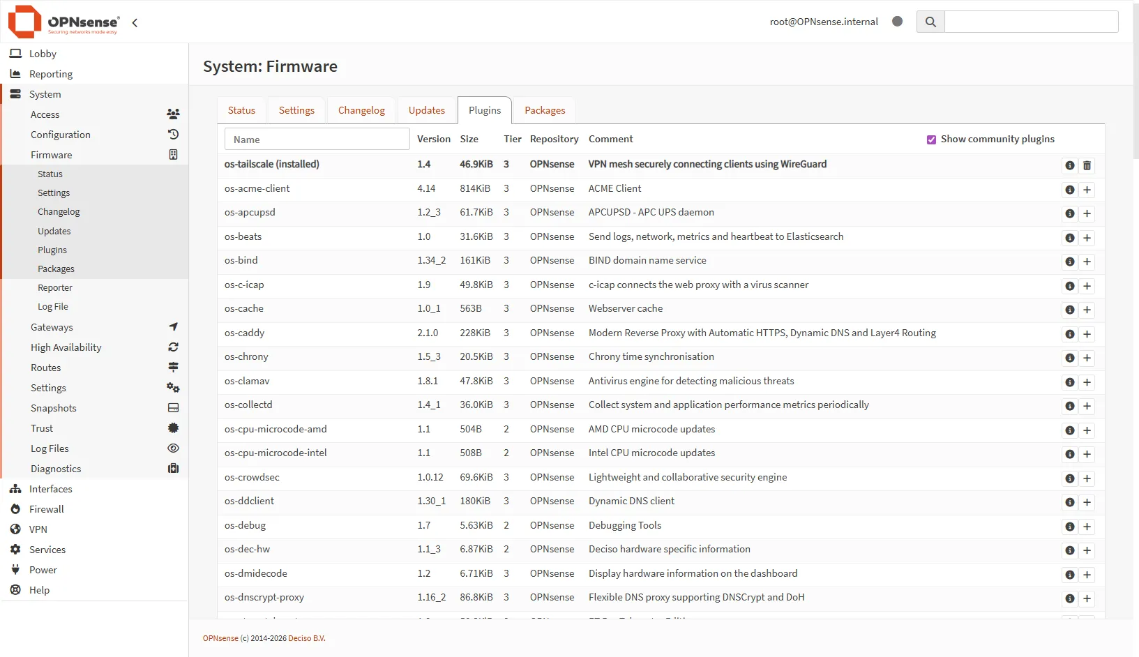 Capture d'écran de la liste des plugins OPNsense