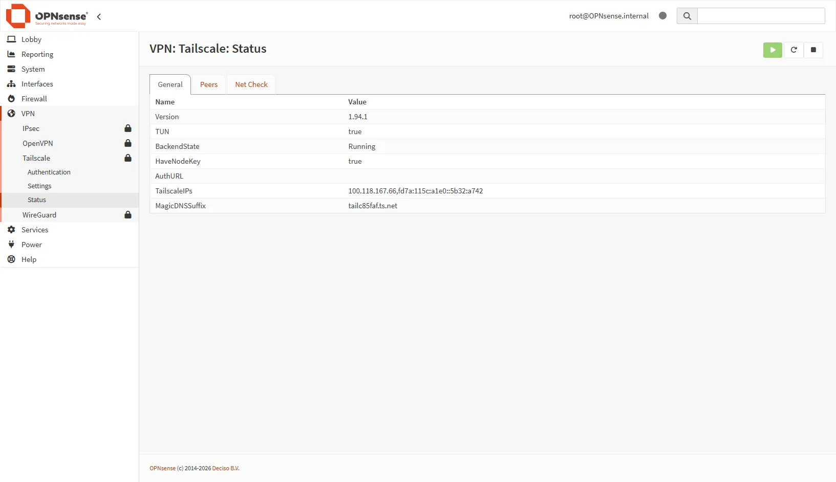Capture d'écran du plugin Tailscale installé