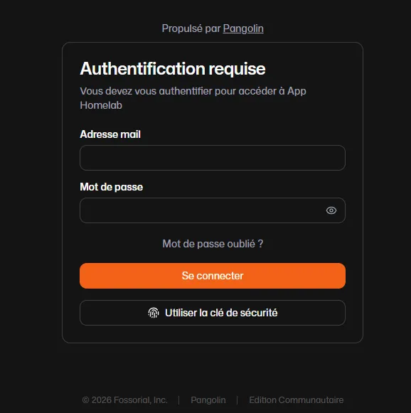 Écran d'authentification Pangolin protégeant la ressource App Homelab