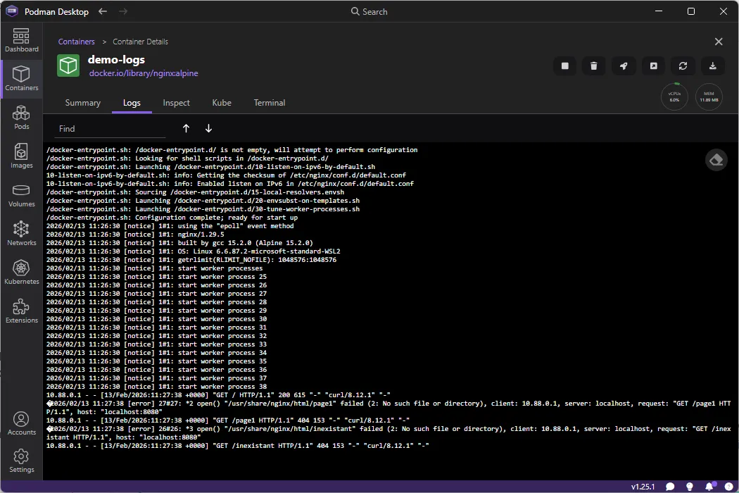 Logs dans Podman Desktop