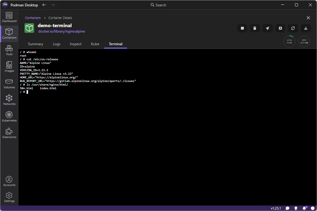 Terminal dans un conteneur via Podman Desktop