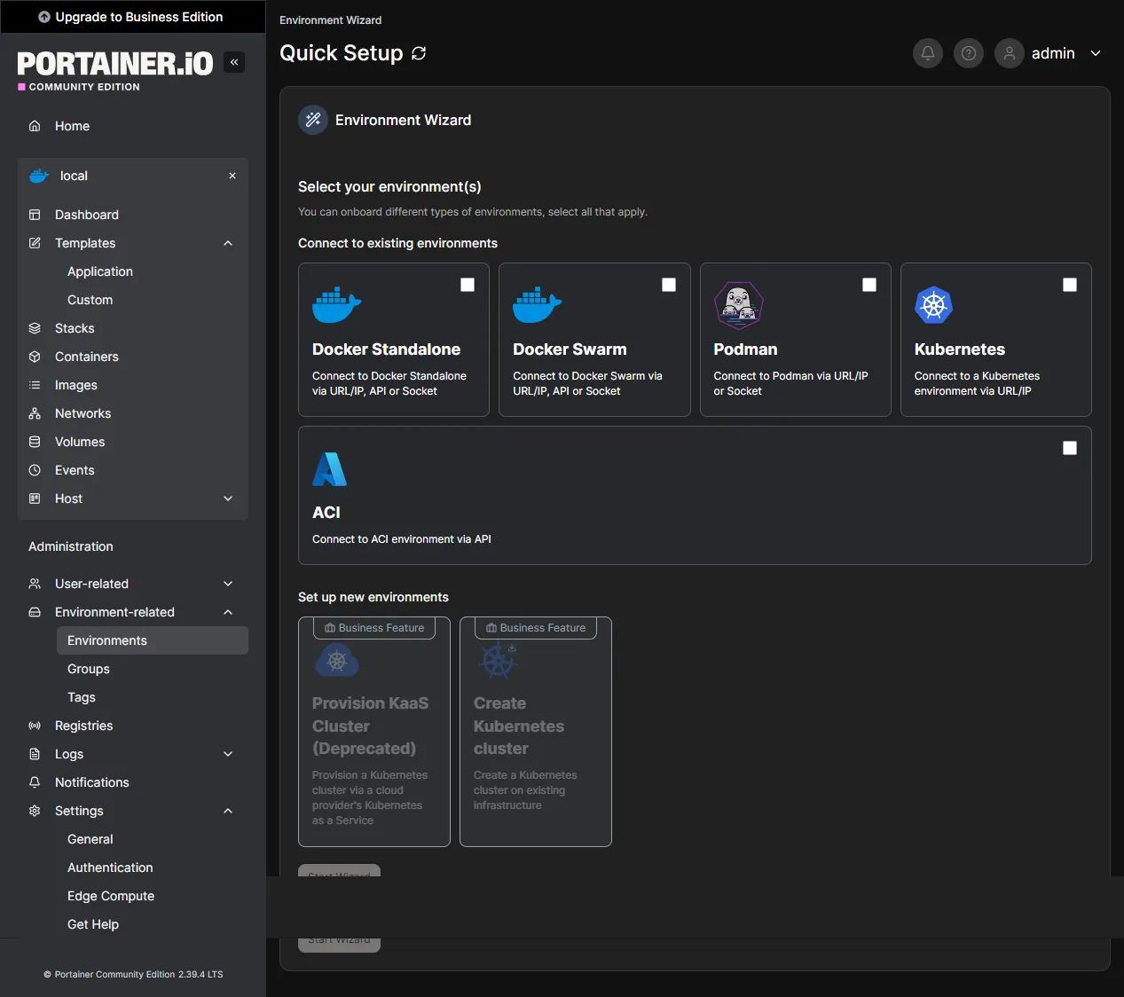 Assistant d'ajout d'environnement Portainer : Docker Standalone, Agent ou Edge