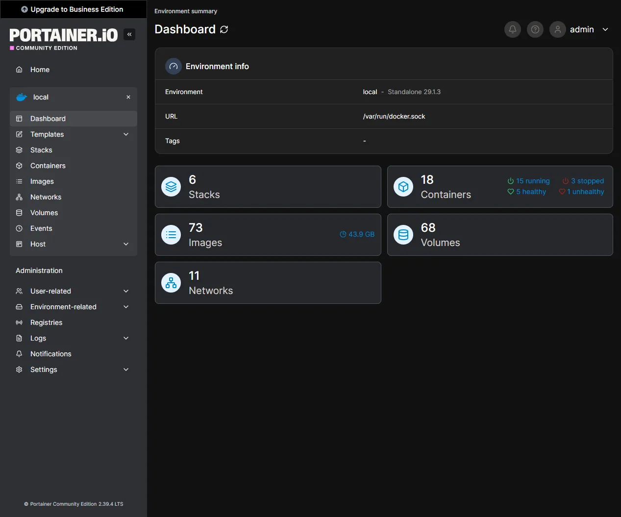 Dashboard Portainer : vue d'ensemble des conteneurs, stacks, images et volumes de l'environnement local