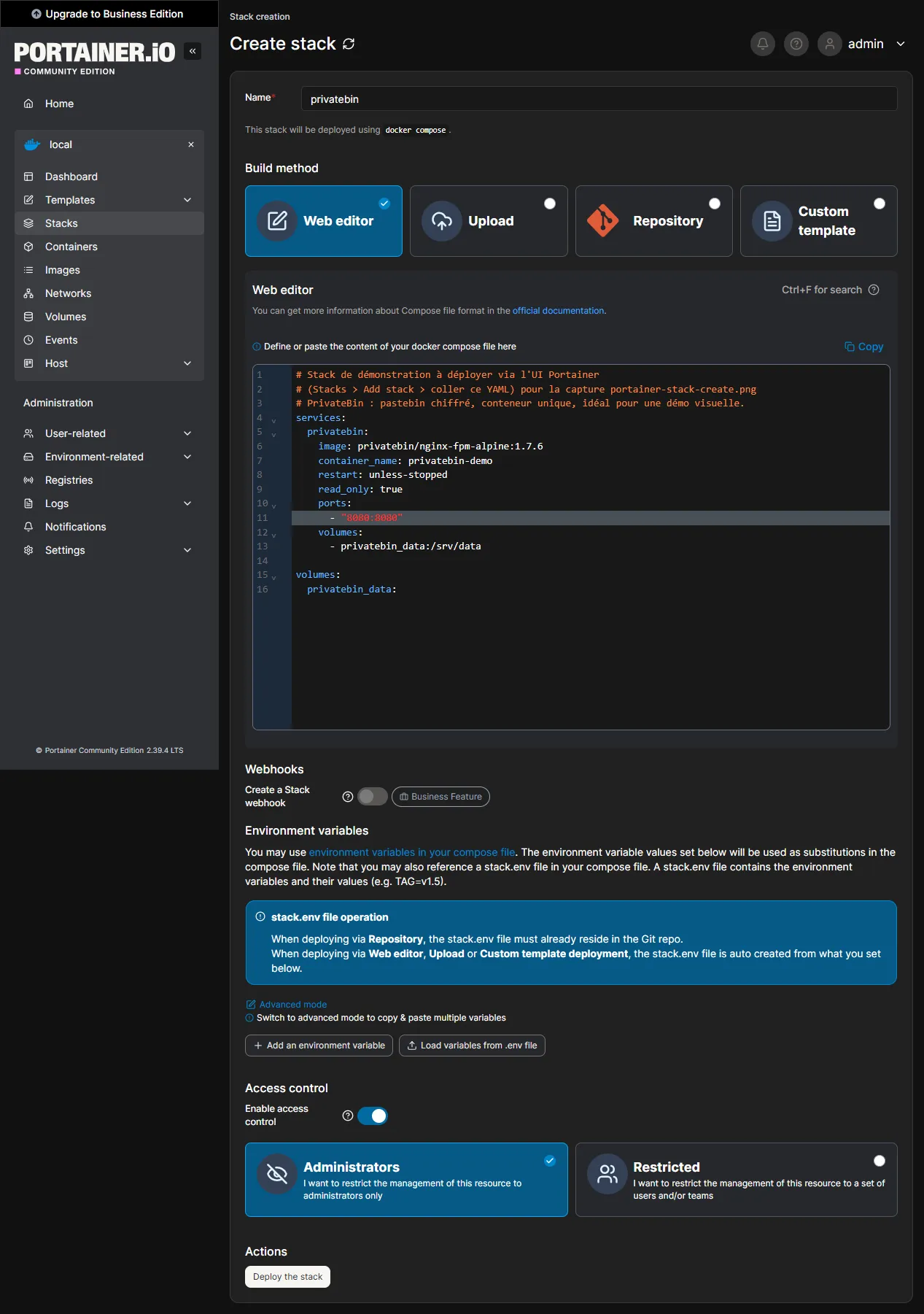 Éditeur web de stack Portainer : un fichier Compose collé prêt à déployer