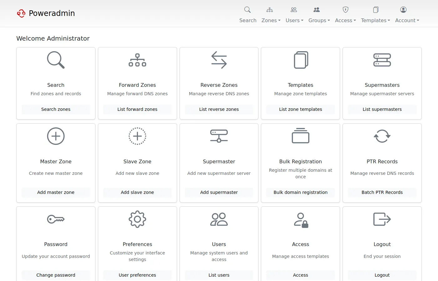 Tableau de bord de Poweradmin