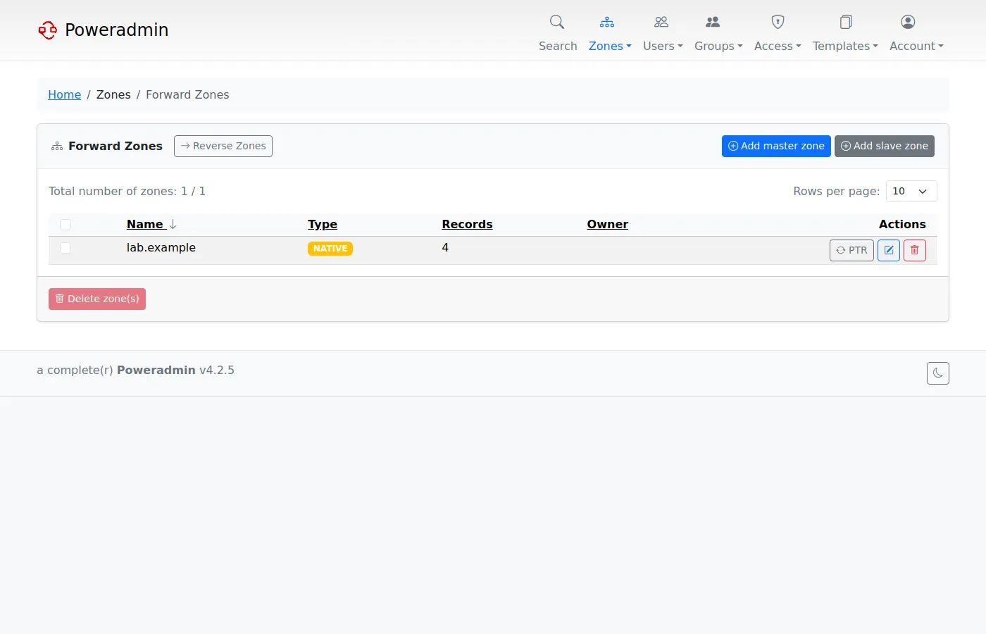 Liste des zones dans Poweradmin