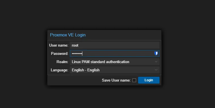 Écran de connexion Proxmox VE