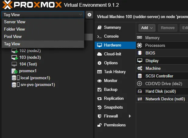 Sélecteur de vues de l'arborescence Proxmox