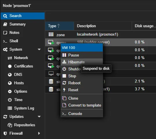 Boutons d'action d'une VM Proxmox