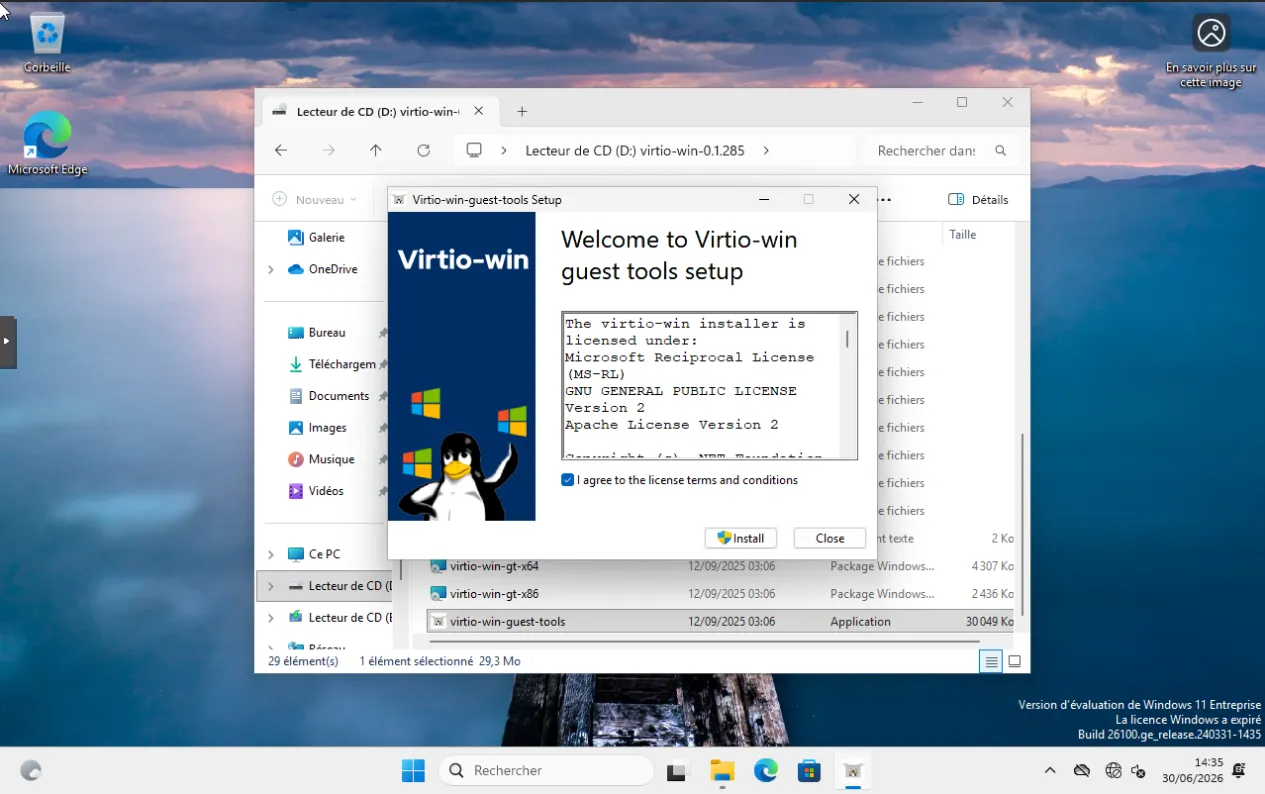 Installeur virtio-win-guest-tools : pilotes VirtIO et agent QEMU