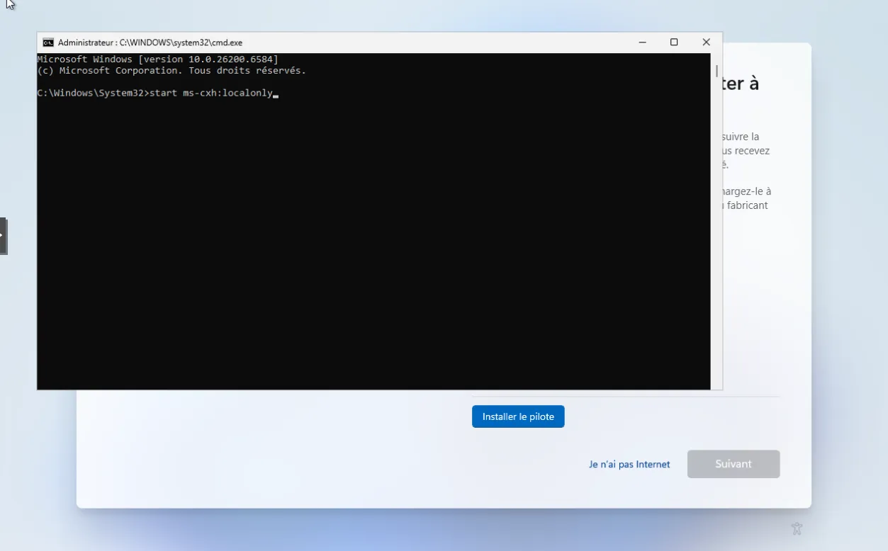 Écran réseau de l'OOBE Windows 11 avec l'invite de commandes et « start ms-cxh »