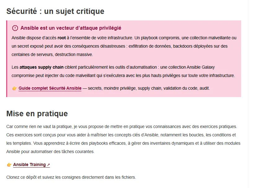 Rappel de sécurité dans un guide Ansible alt text