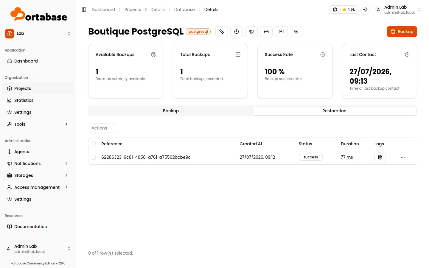 Historique de restauration réussie dans le dashboard