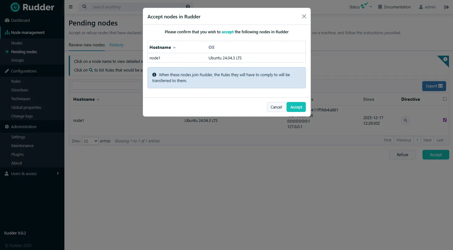Acceptation des nodes dans l'interface Rudder