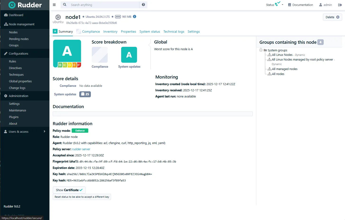 Liste des nodes gérés dans Rudder
