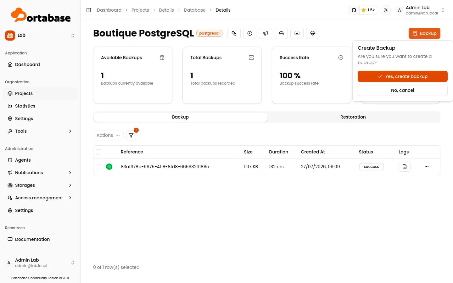 Une sauvegarde réussie dans la liste des backups