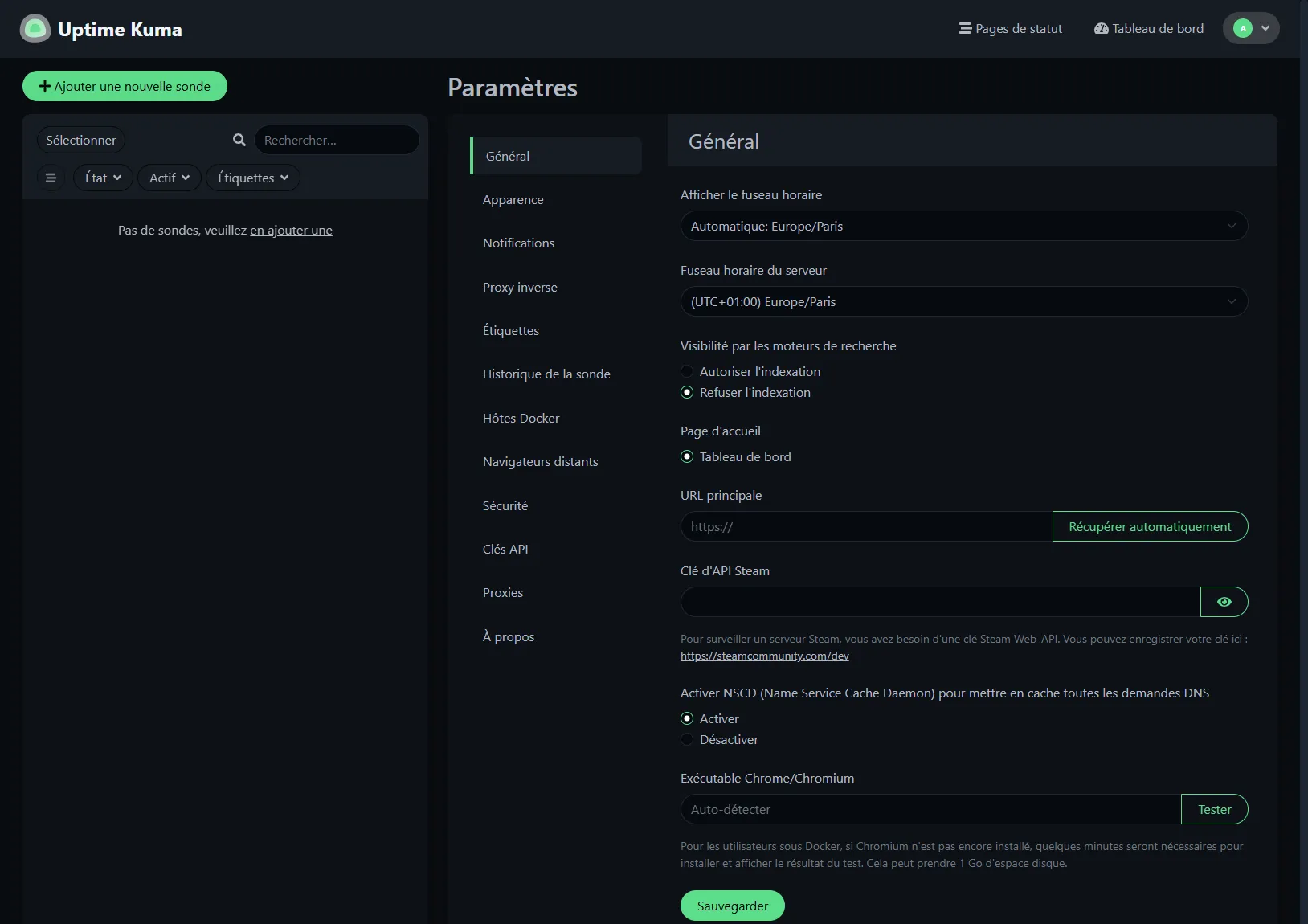Page des paramètres généraux