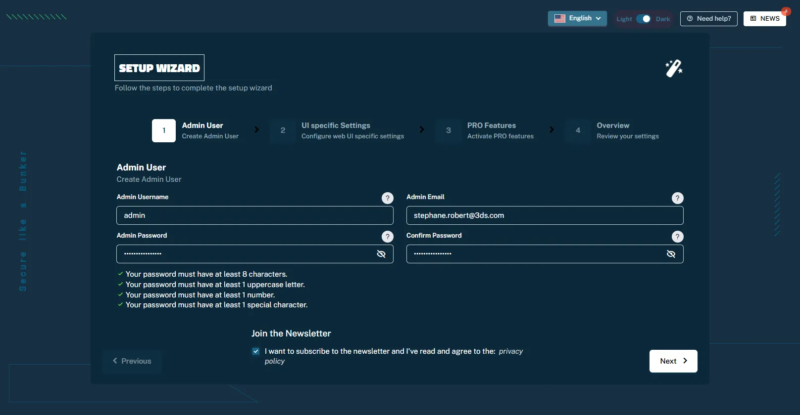 BunkerWeb — wizard de premier lancement