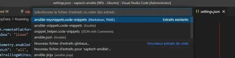 ansible vscode snippets menu