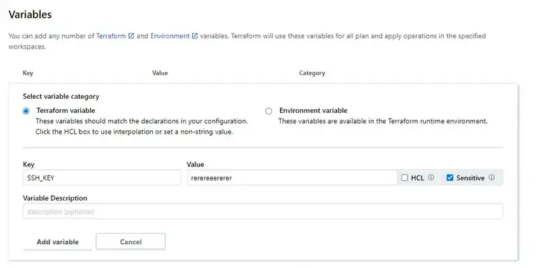 Terraform cloud variable set