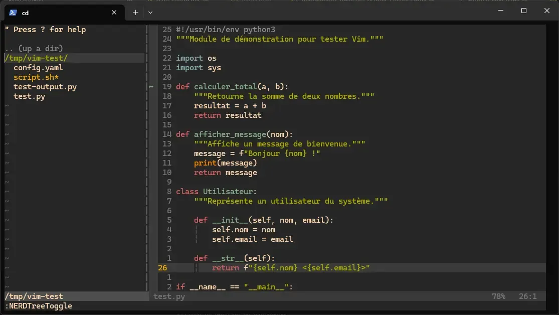 NERDTree affichant l'arborescence d'un projet avec fichiers Python, YAML et Bash