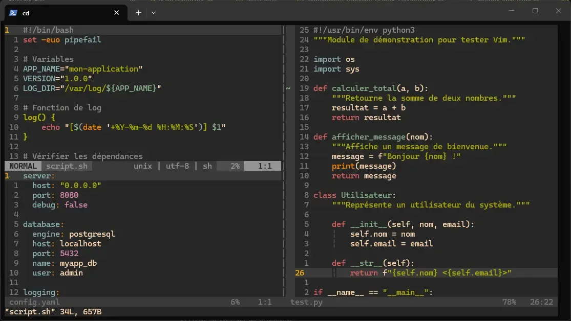 Trois fichiers ouverts côte à côte dans Vim avec splits verticaux et horizontal