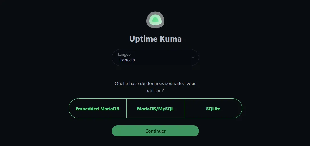 Écran de sélection de la base de données avec les 3 options