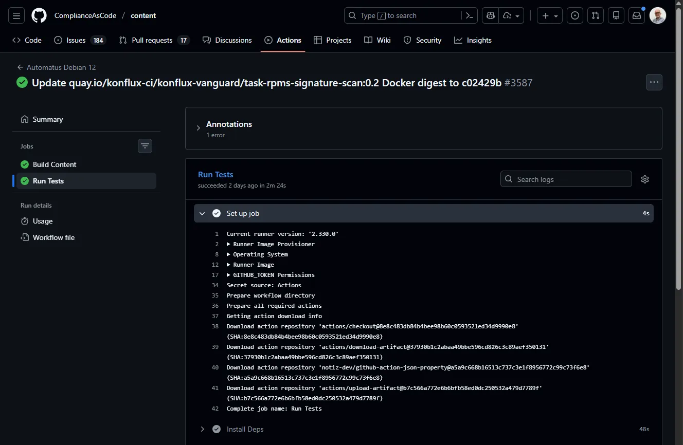 GitHub Actions interface showing workflow runs and job details