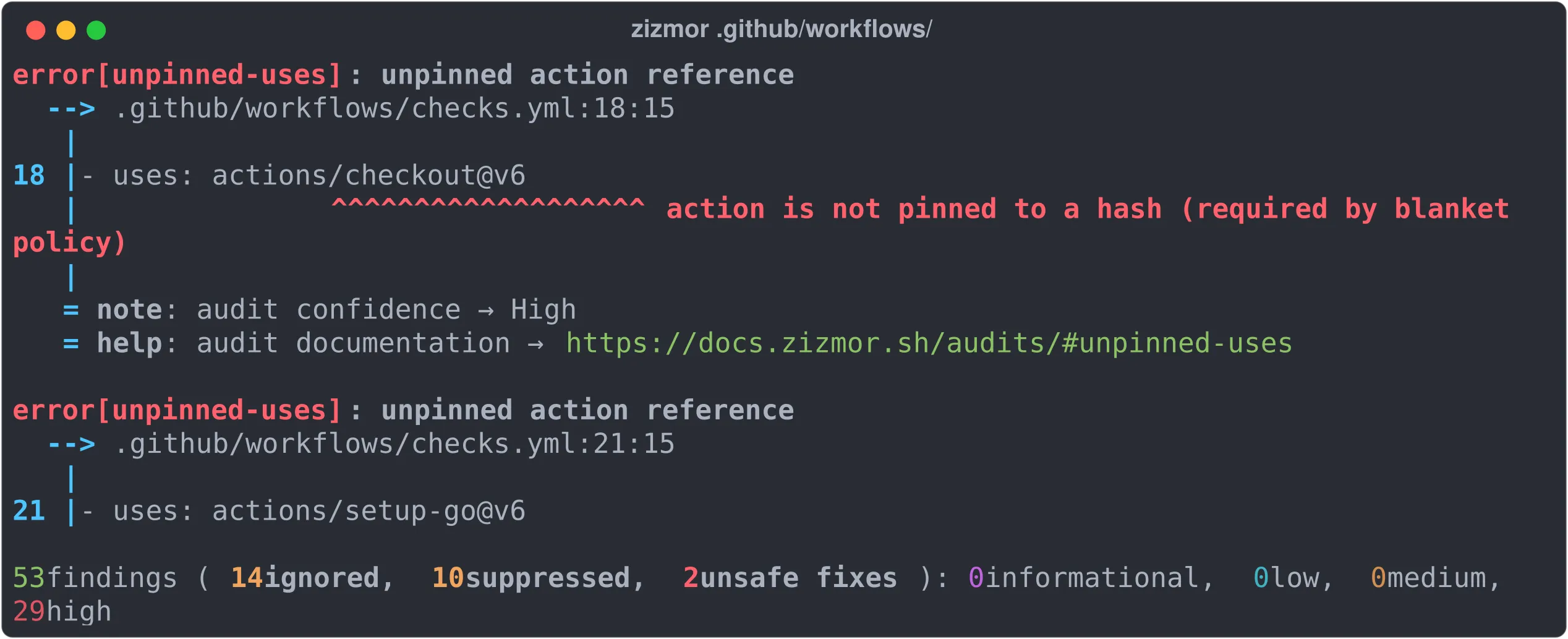 Sortie de zizmor 1.28.0 sur des workflows GitHub Actions